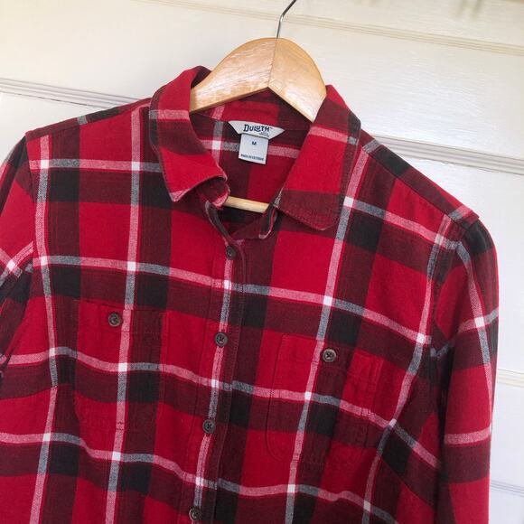 Duluth Trading Co. Flannel Button Down Shirt Womens Medium Red Plaid Gorpcore - Picture 2 of 9